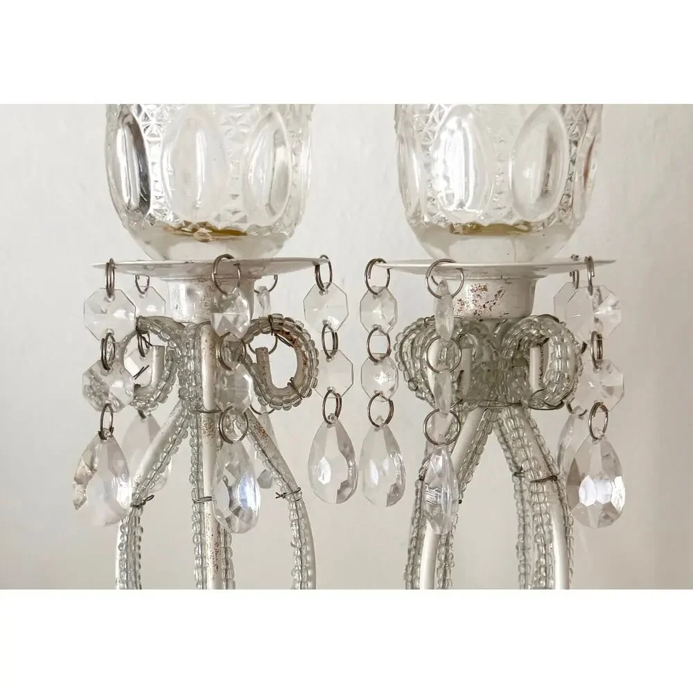 Vintage Pair Beaded Wire Votive Candle Holder Crystal Cut Glass Cottage Shabby